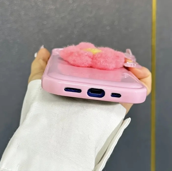 iPhone 14 Pink Flower Phone Case with Fuzzy 3d Flower - Picture 3 of 5